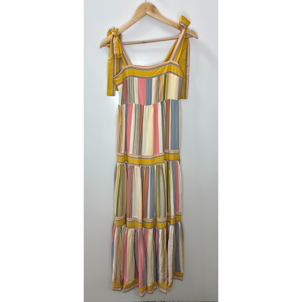 By Together Striped Tiered Maxi Dress Yellow Small Tie Shoulder Boho Whimsical - Picture 2 of 15